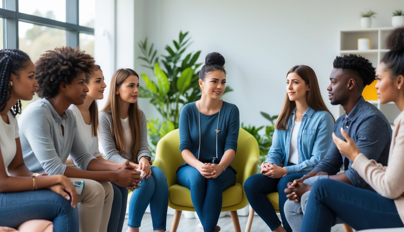 Sekelompok remaja dan dewasa sedang berdiskusi dalam sesi konseling di ruang yang terang dan nyaman.