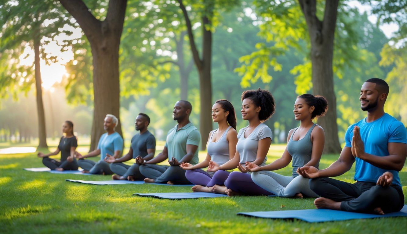 Orang-orang di taman hijau sedang bermeditasi, yoga, dan berjalan santai untuk meningkatkan kesehatan mental secara alami.