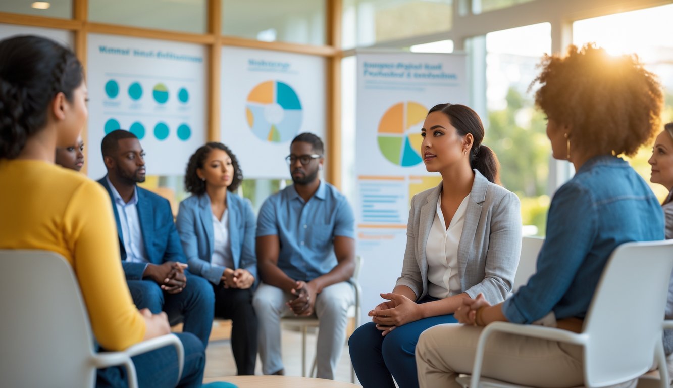 Sekelompok orang dari berbagai latar belakang mengikuti sesi edukasi kesehatan mental di sebuah ruang komunitas yang terang dan nyaman.