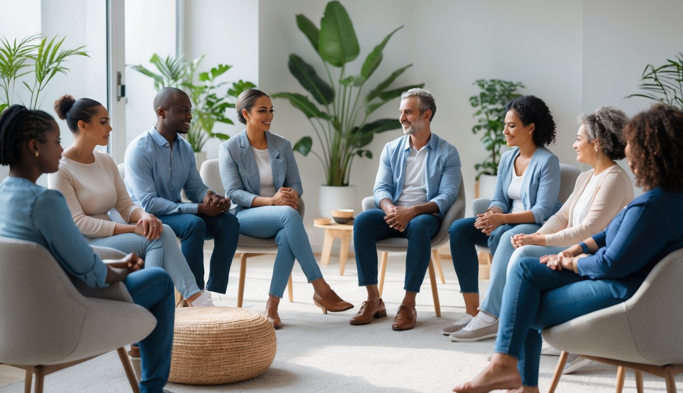 Sekelompok orang duduk melingkar dalam ruangan terang, saling mendengarkan dan berbagi dalam suasana yang tenang dan mendukung.