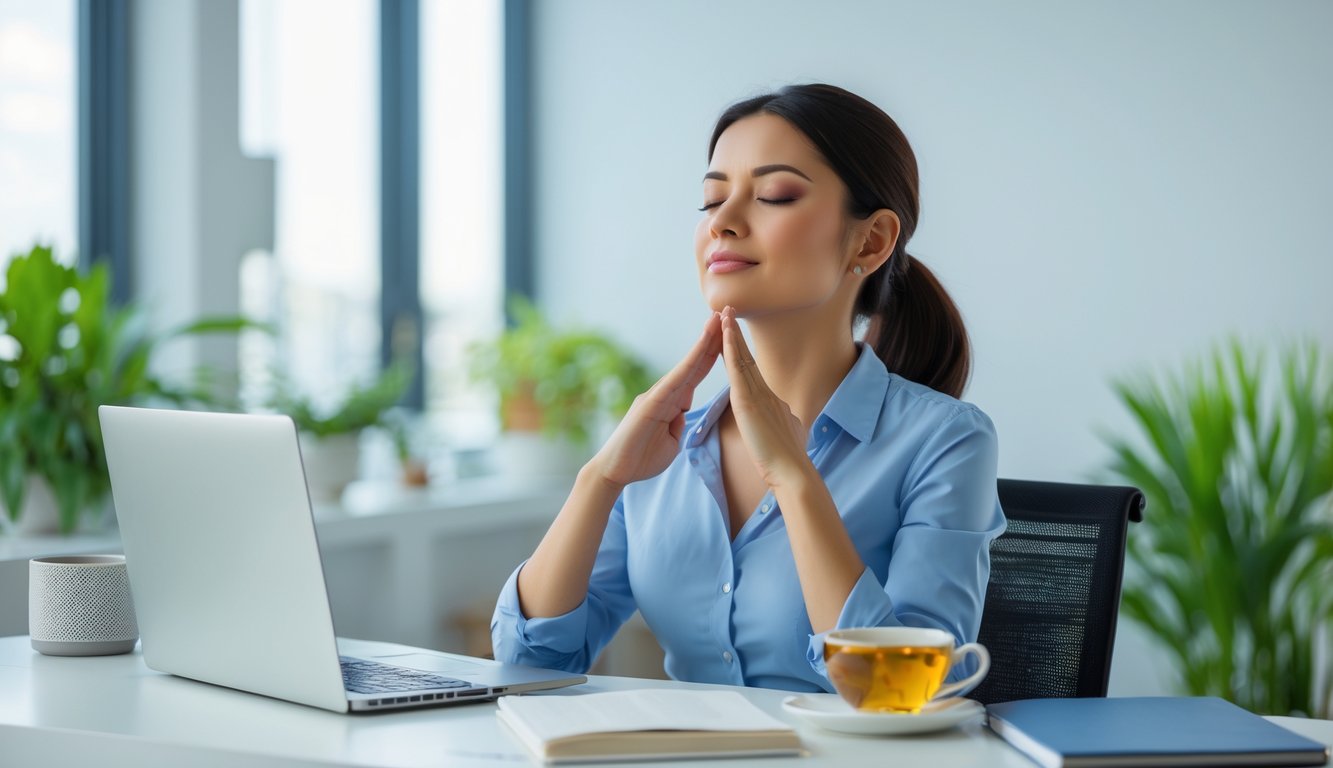Seorang wanita profesional duduk di meja kantor yang rapi, bermeditasi dengan mata tertutup untuk mengelola stres.