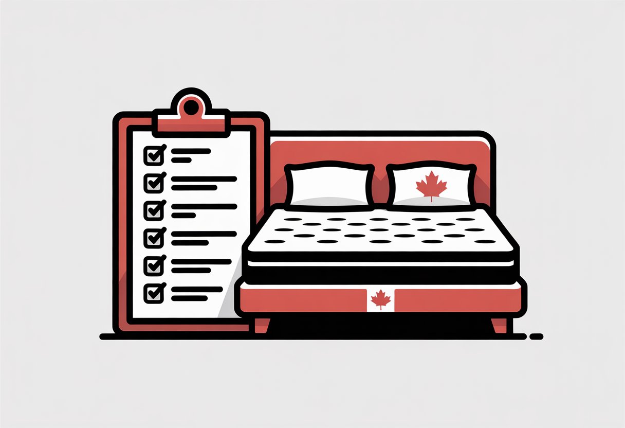 A simple bedroom scene showing a bed with a mattress and bedding, alongside a checklist clipboard with checkmarks and a small maple leaf symbol.