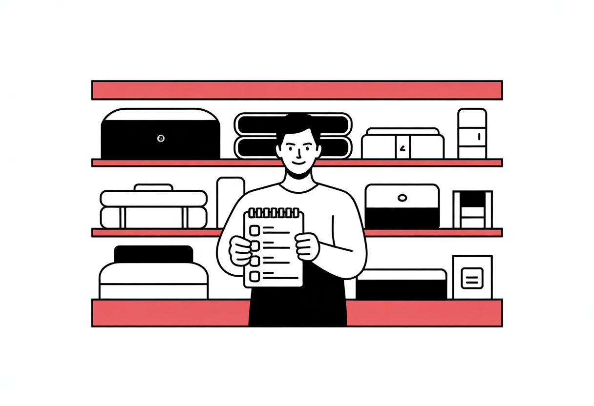 A person holding a checklist stands in front of a store shelf with mattresses and bedding items.
