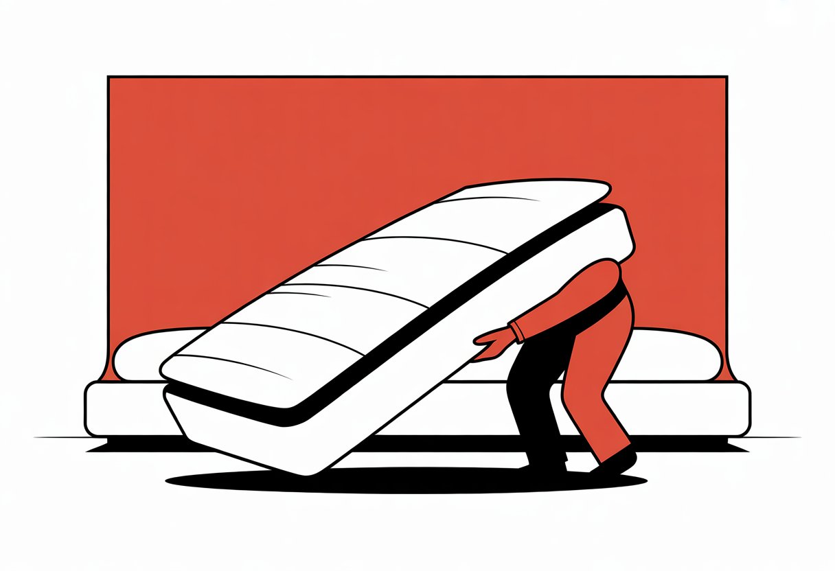 A person gently carrying an old mattress out of a bedroom.