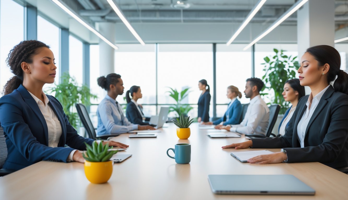 Beberapa profesional di kantor melakukan teknik mengurangi stres seperti meditasi dan peregangan dengan suasana yang tenang dan terang.