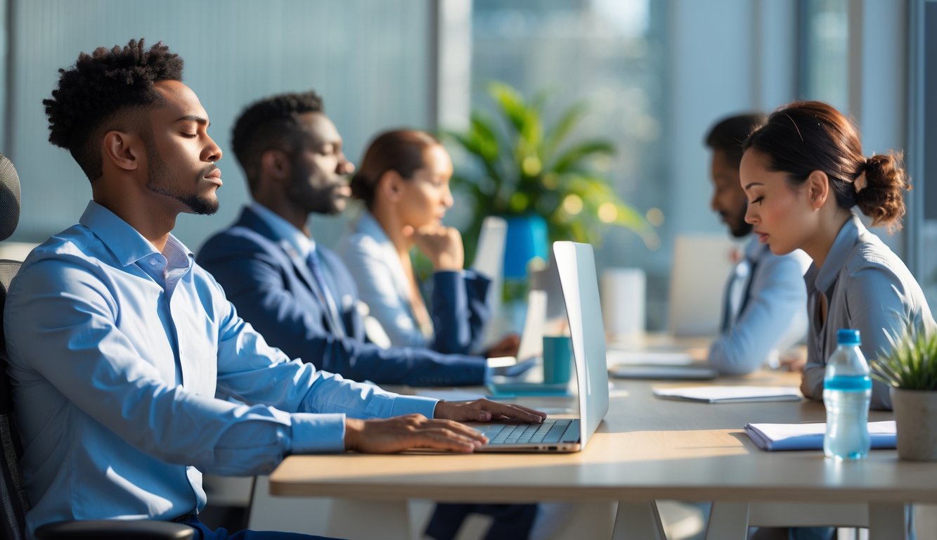 Beberapa profesional di kantor melakukan latihan pernapasan dan peregangan untuk mengatasi stres.
