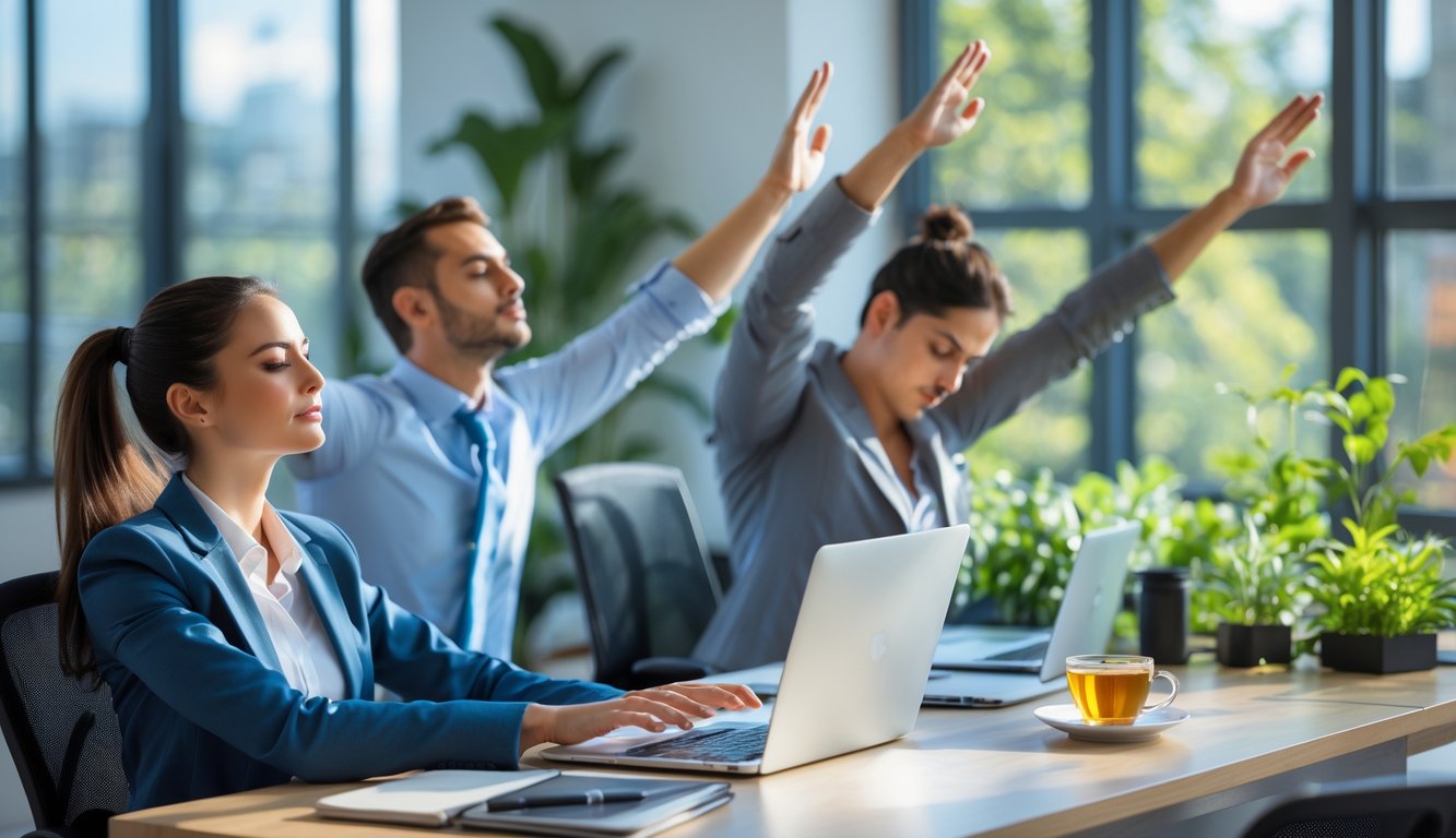 Sekelompok profesional di kantor modern sedang melakukan kegiatan mengelola stres seperti bernapas dalam, peregangan, dan berjalan santai di ruang hijau dalam ruangan.