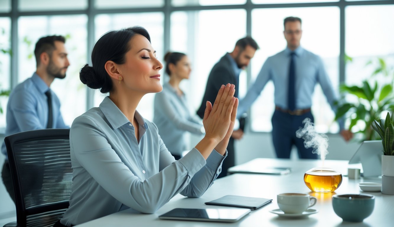 Beberapa profesional di kantor yang tenang sedang melakukan teknik mengatasi stres seperti latihan pernapasan dan peregangan ringan.