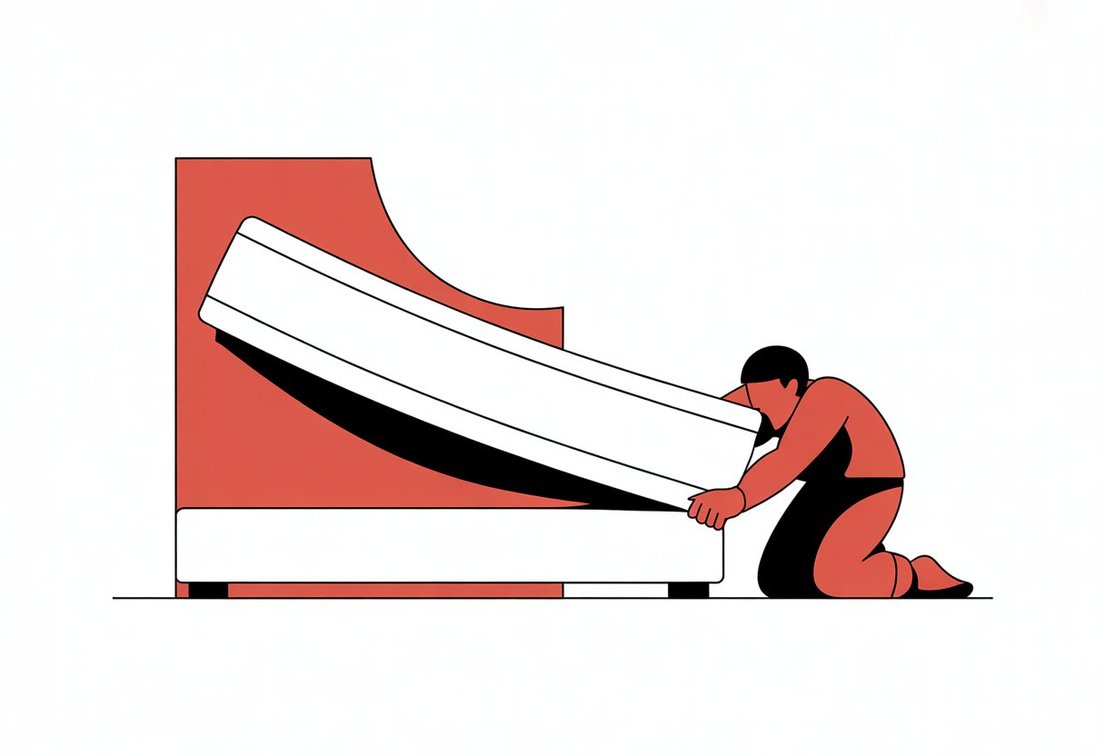 A person rotating a mattress by lifting and turning it in a simple, clean scene.