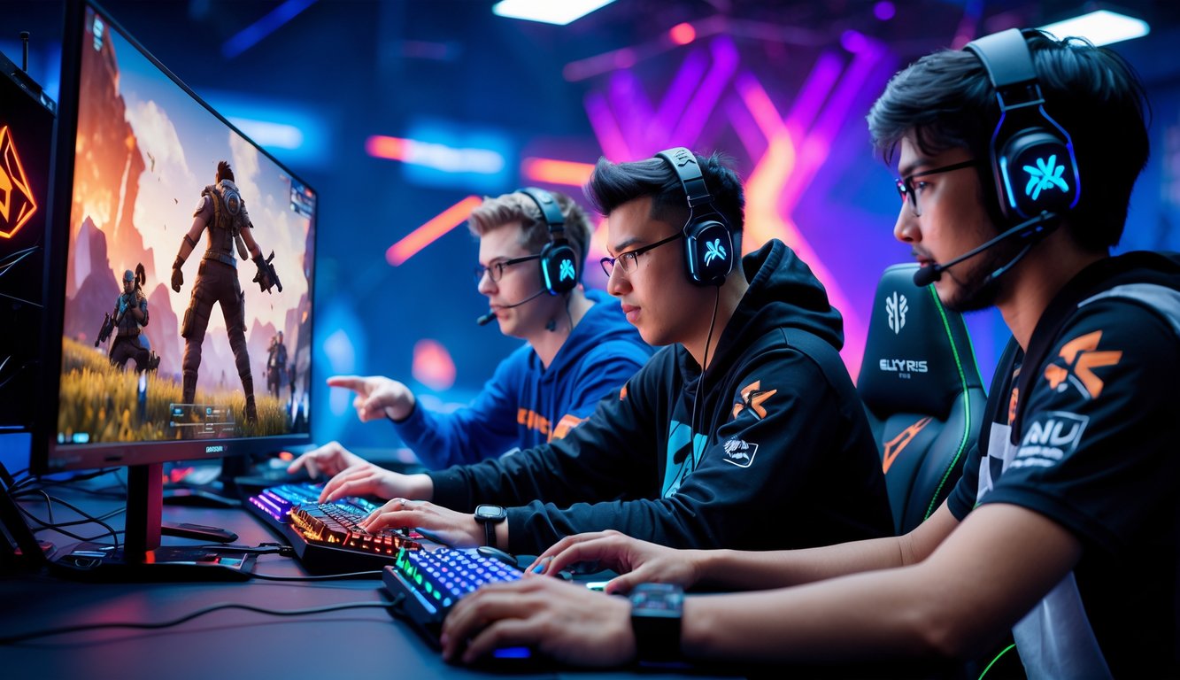 Tiga pemain game sedang bermain Apex Legends dengan serius di studio game modern, menggunakan headset dan peralatan gaming canggih.