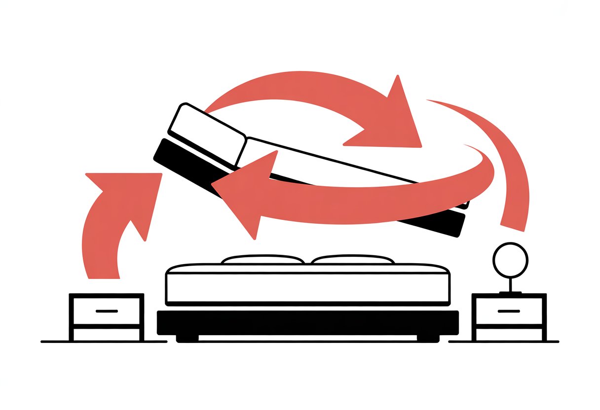 A simple illustration showing a mattress being rotated 180 degrees with arrows indicating the motion.