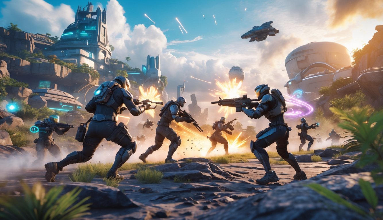 Beberapa karakter berperang di medan pertempuran futuristik dengan latar belakang bangunan dan alam yang beragam.