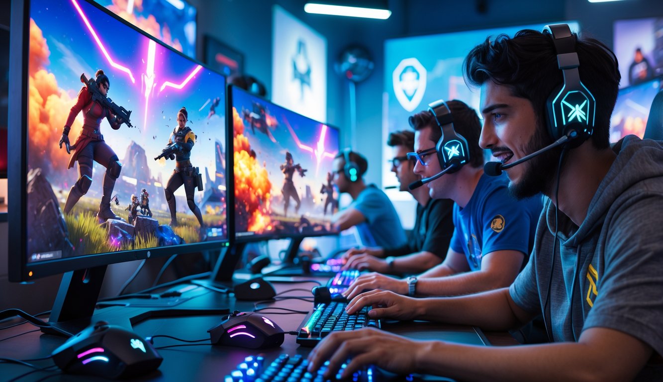 Sekelompok orang muda sedang bermain game Apex Legends dengan serius di sebuah ruangan modern yang terang, menatap layar komputer yang menampilkan adegan pertempuran dalam game.