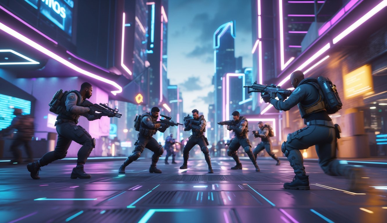 Adegan pertempuran futuristik dengan karakter bertempur di kota modern berteknologi tinggi pada waktu senja.