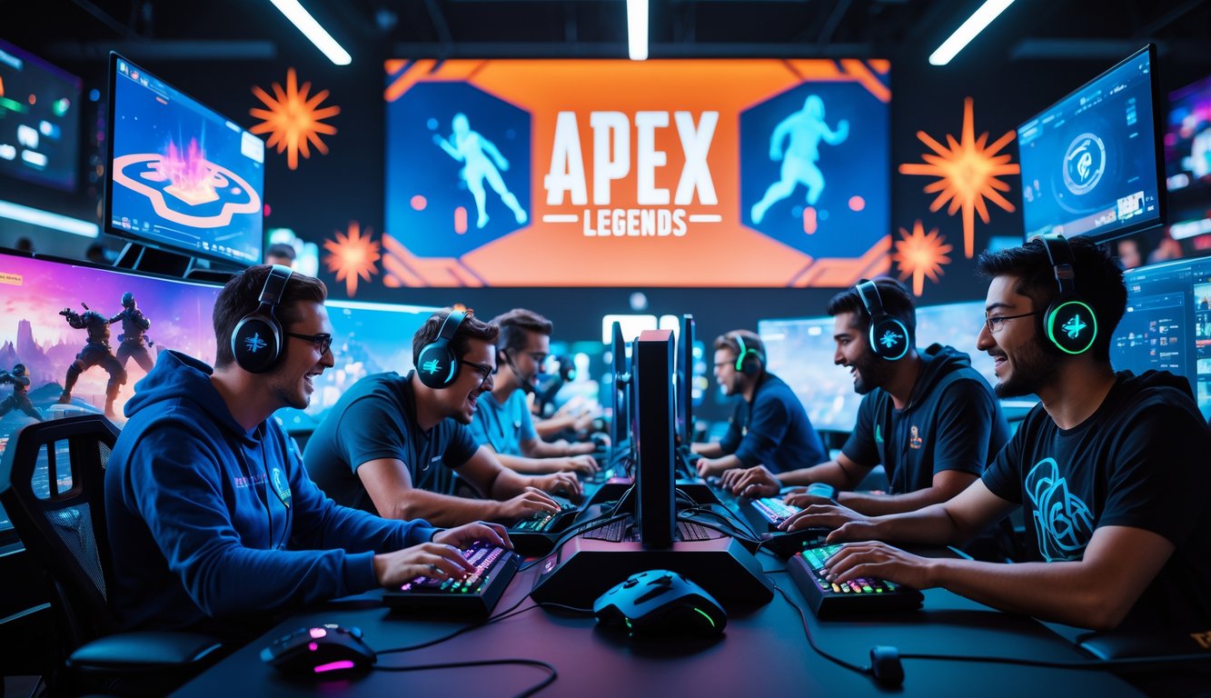 Sekelompok pemain game sedang bermain Apex Legends dengan antusias di depan komputer dengan layar menampilkan gameplay penuh warna.