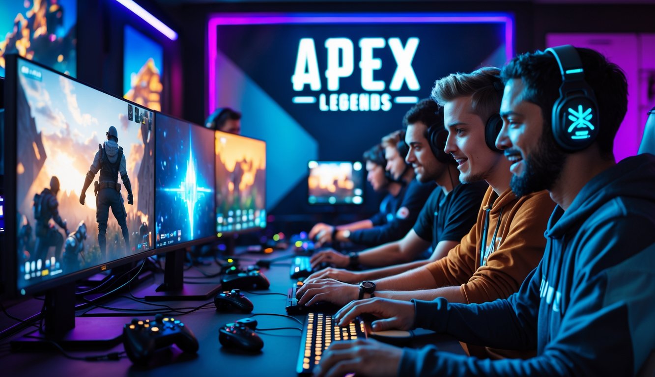 Sekelompok pemain sedang asyik bermain Apex Legends di ruangan gaming dengan peralatan lengkap dan pencahayaan berwarna-warni.