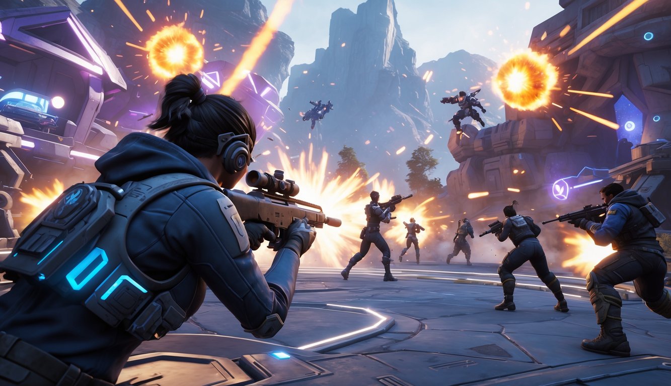 Adegan permainan Apex Legends yang seru dan kompetitif dengan pemain menembak di arena pertempuran futuristik.