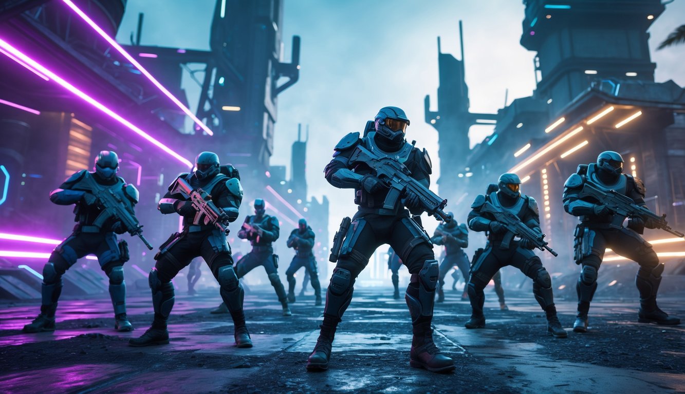 Sekelompok prajurit futuristik bersenjata lengkap sedang bersiap dalam suasana pertempuran di lingkungan sci-fi yang penuh cahaya neon.