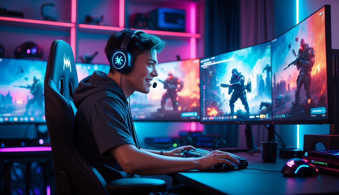 Seorang pemain muda sedang fokus bermain Apex Legends di depan beberapa layar komputer dengan pencahayaan LED berwarna-warni di ruangan gelap.