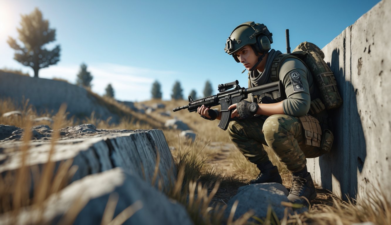 Seorang pemain dengan pakaian militer sedang berjongkok di balik penghalang beton di area pertempuran terbuka.