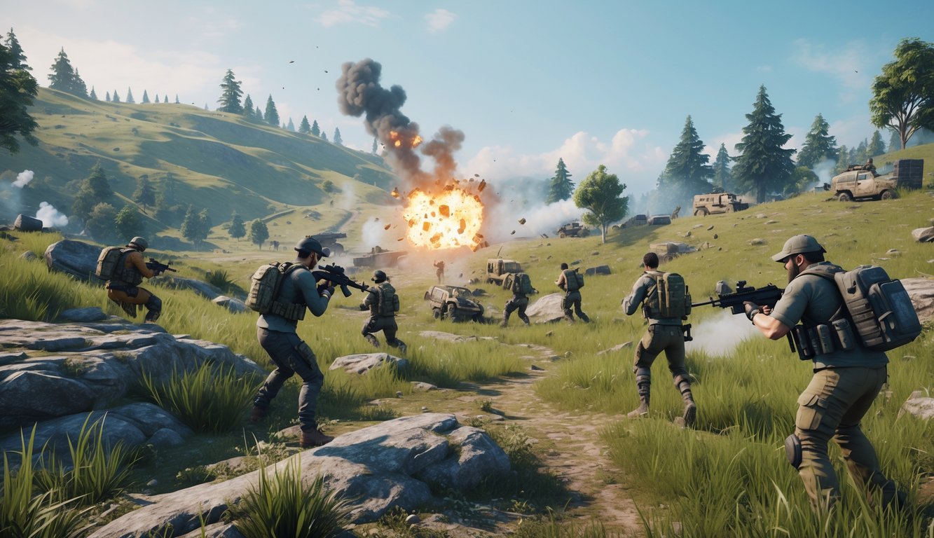 Adegan pertempuran seru dalam permainan PUBG dengan pemain bersenjata di medan terbuka yang berbukit dan berumput.