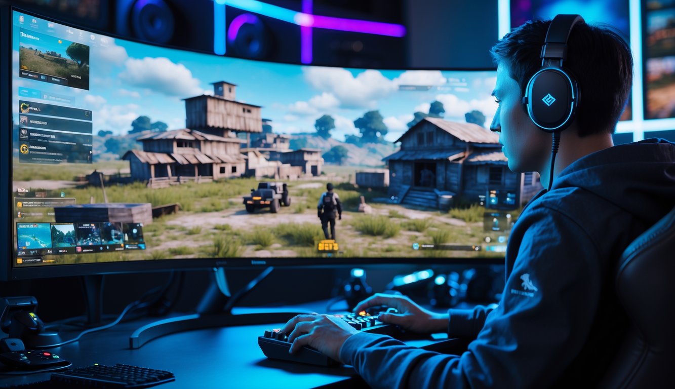 Seorang pemain sedang fokus bermain game PlayerUnknown’s Battlegrounds di depan monitor besar dengan lingkungan pertempuran yang terlihat jelas.
