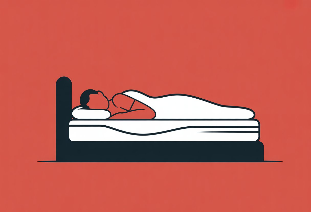 A person lying on a supportive mattress in a bedroom, showing a curved spine to indicate scoliosis support.