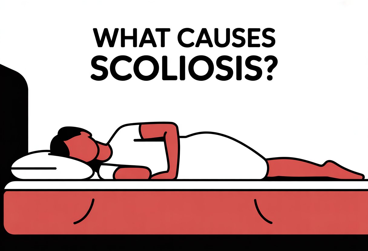 A person lying on a curved mattress that supports their spine, shown in side profile on a simple bed.