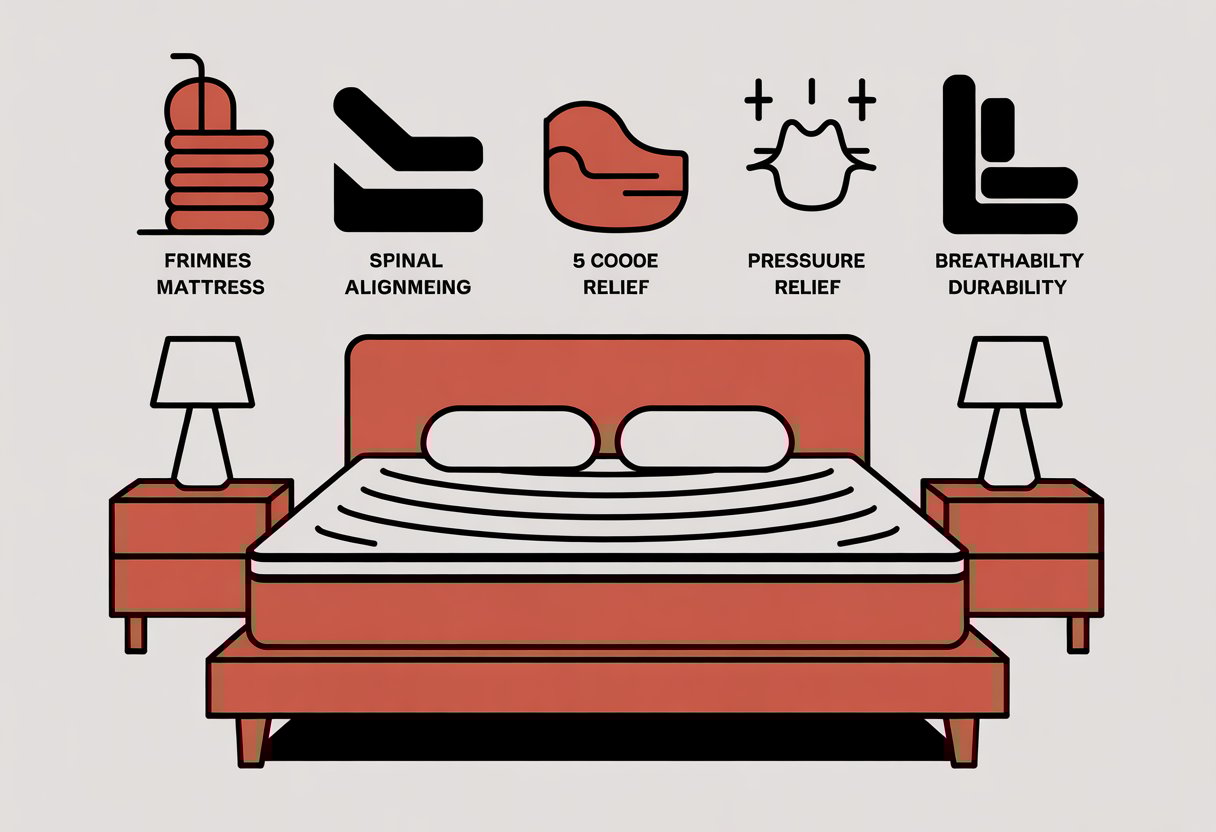 A simple illustration of a mattress on a bed with five icons around it representing important features for scoliosis support.
