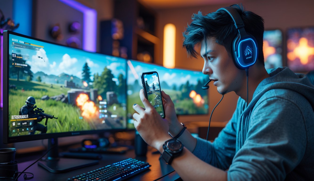 Seorang pemain muda sedang fokus bermain game battle royale di ponsel dengan latar belakang ruangan gaming yang modern dan pencahayaan hangat.