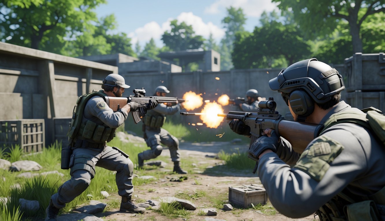 Adegan tembak-menembak seru dalam permainan PUBG di area terbuka dengan pemain memakai perlengkapan militer.