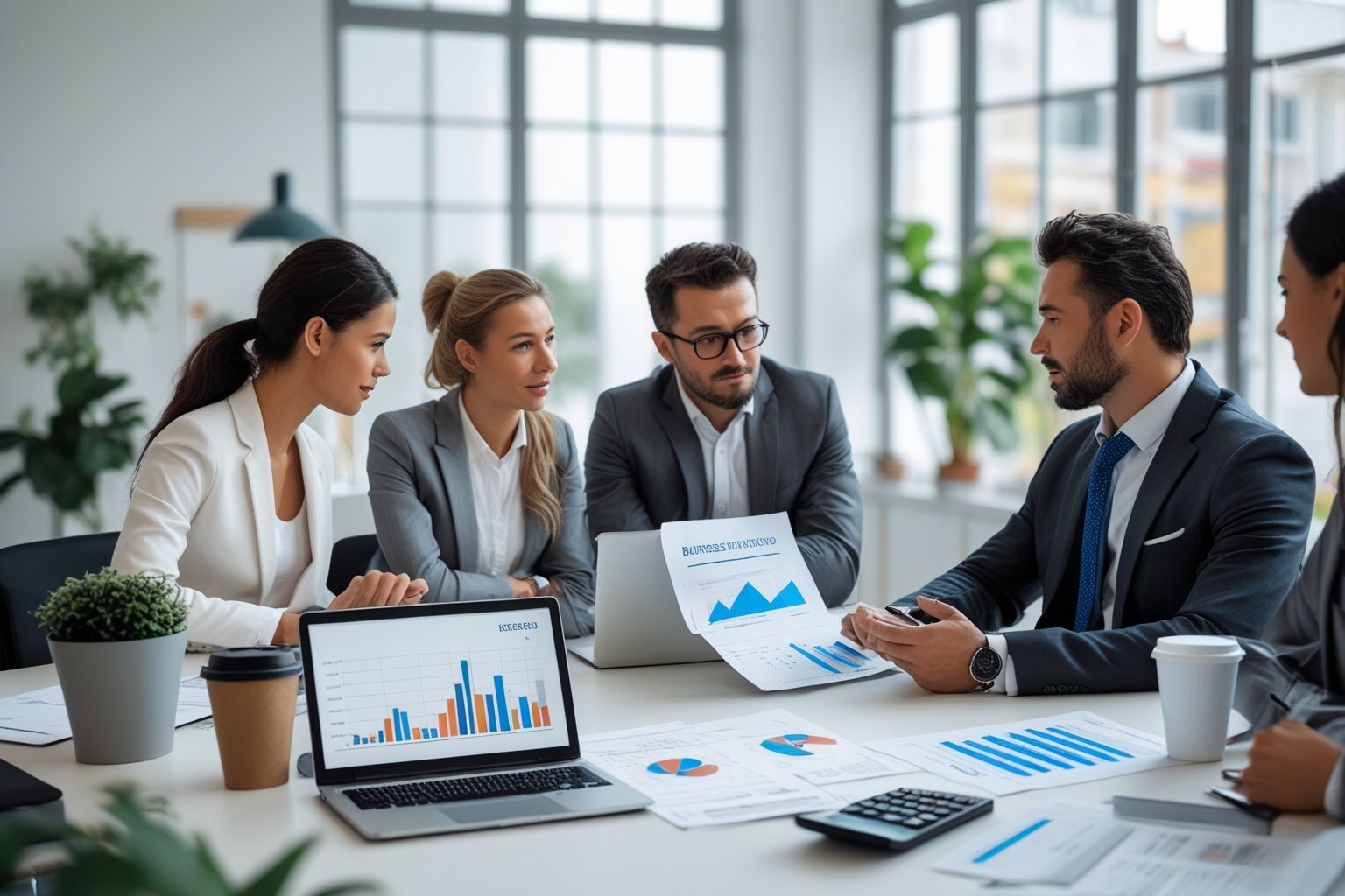 Un imprenditore straniero in ufficio che lavora al computer con documenti finanziari, circondato da colleghi in un ambiente luminoso e professionale.