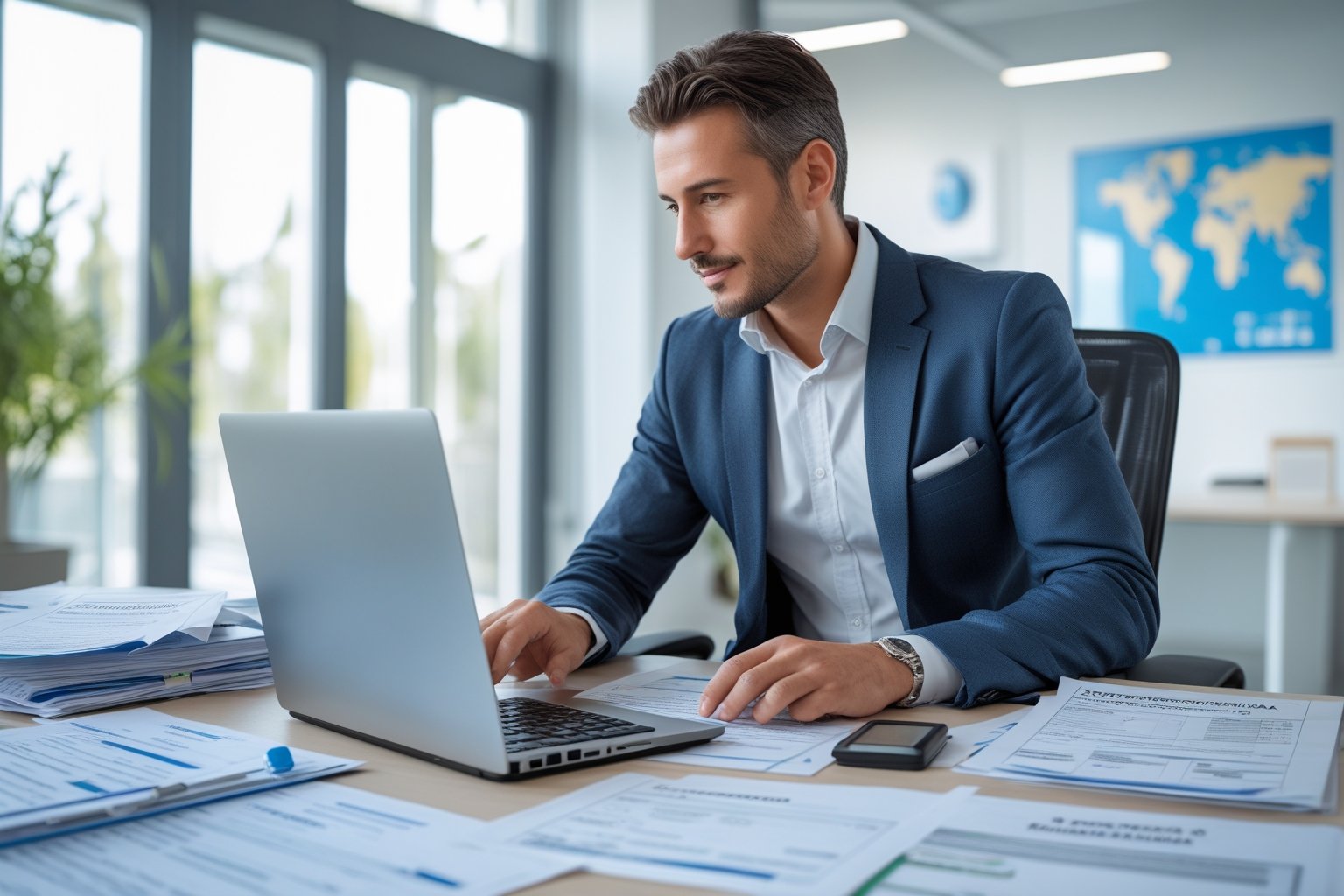 Persona straniera che lavora a una scrivania con documenti e un computer, impegnata nella procedura per aprire una Partita IVA.