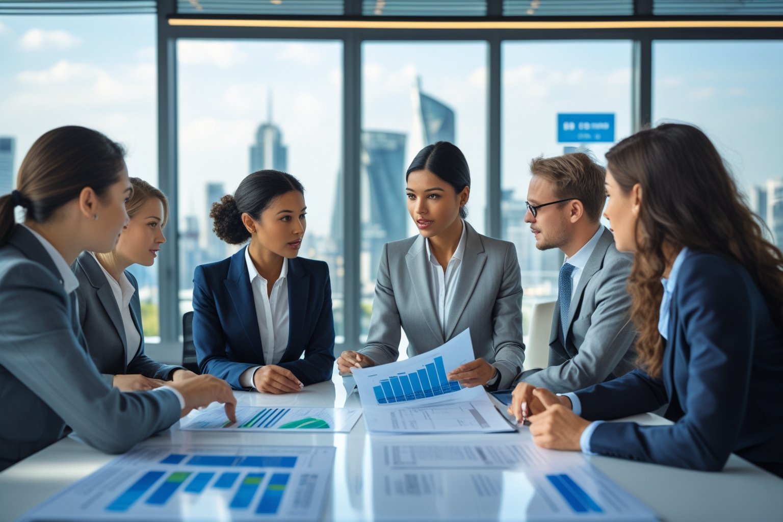 Un gruppo di professionisti stranieri in un ufficio moderno che discutono di questioni fiscali e contributi obbligatori.