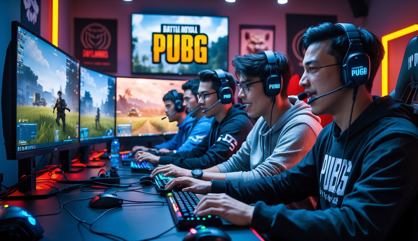 Sekelompok orang muda sedang bermain game PUBG dengan antusias di sebuah ruang gaming modern.