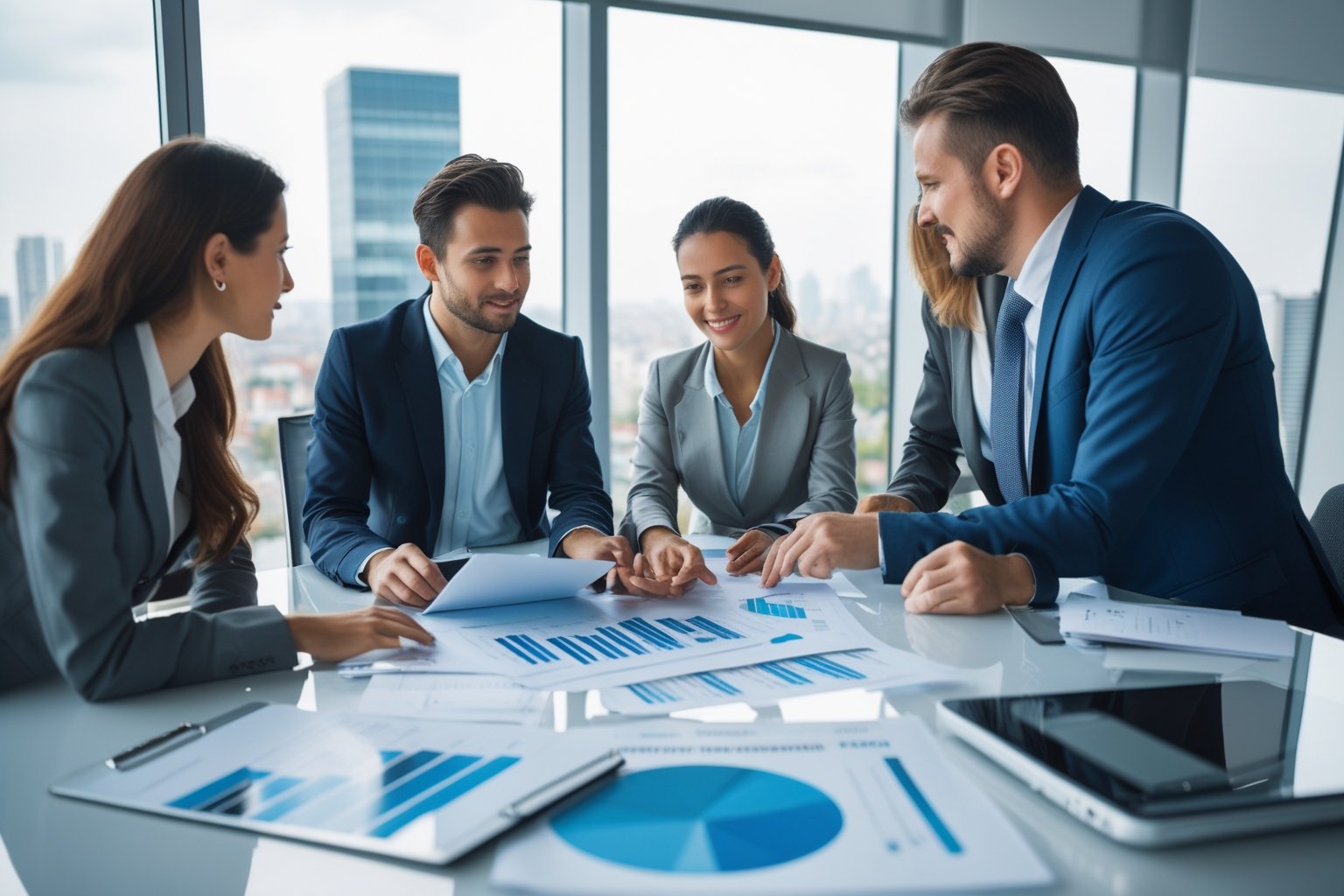 Imprenditore straniero che discute documenti finanziari con un consulente in un ufficio moderno.