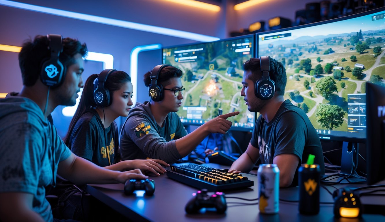 Empat pemain game sedang serius bekerja sama merencanakan strategi dalam ruangan gaming modern.