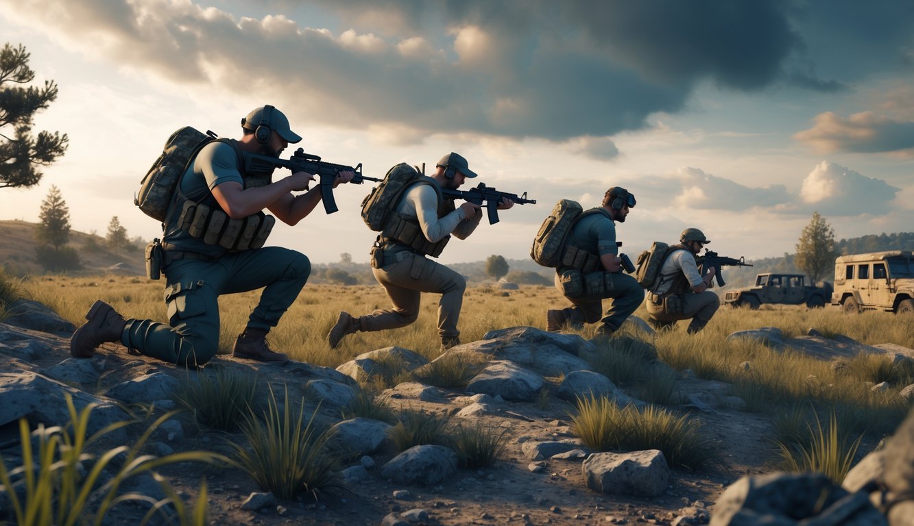 Sekelompok pemain bertahan hidup dalam permainan multipemain di lingkungan luar ruangan dengan medan terbuka dan pepohonan.