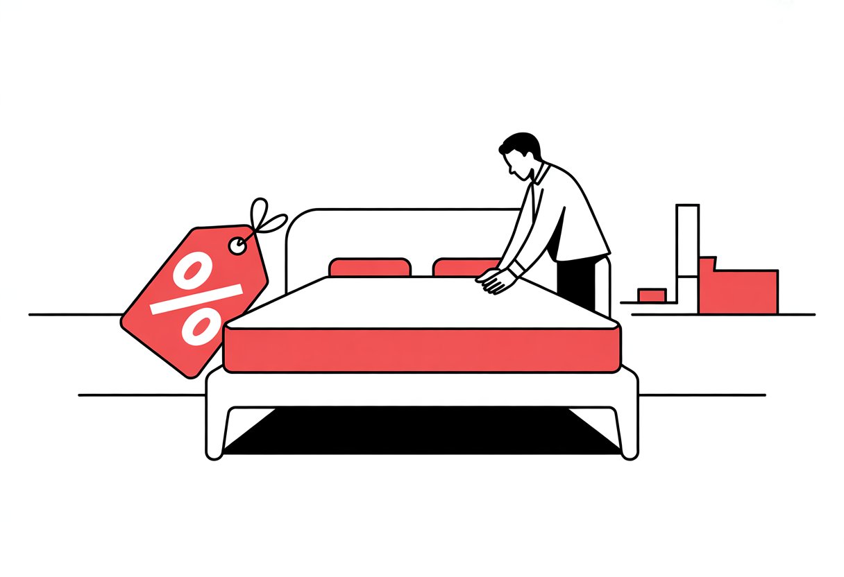 A person examines a mattress on a bed with a sale tag nearby in a simple bedroom setting.