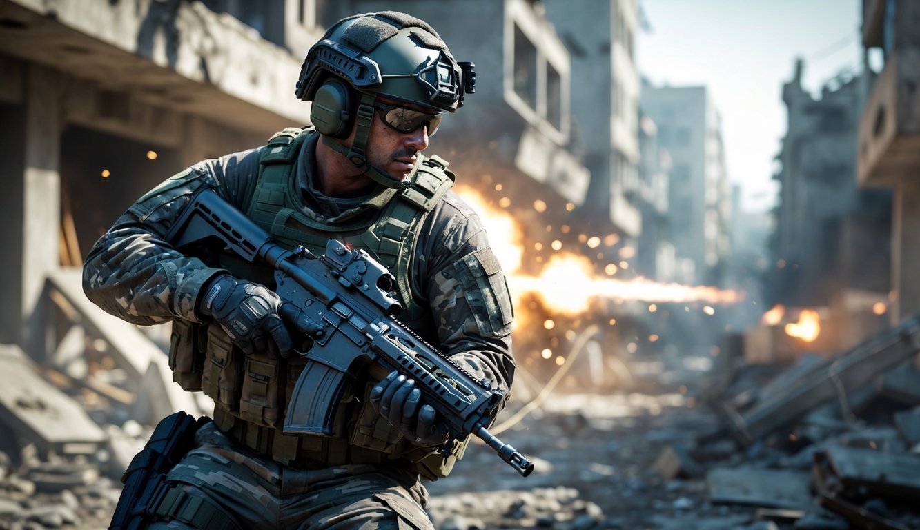 Seorang tentara bersenjata lengkap sedang berada di medan perang perkotaan yang rusak dengan asap dan reruntuhan di sekitarnya.