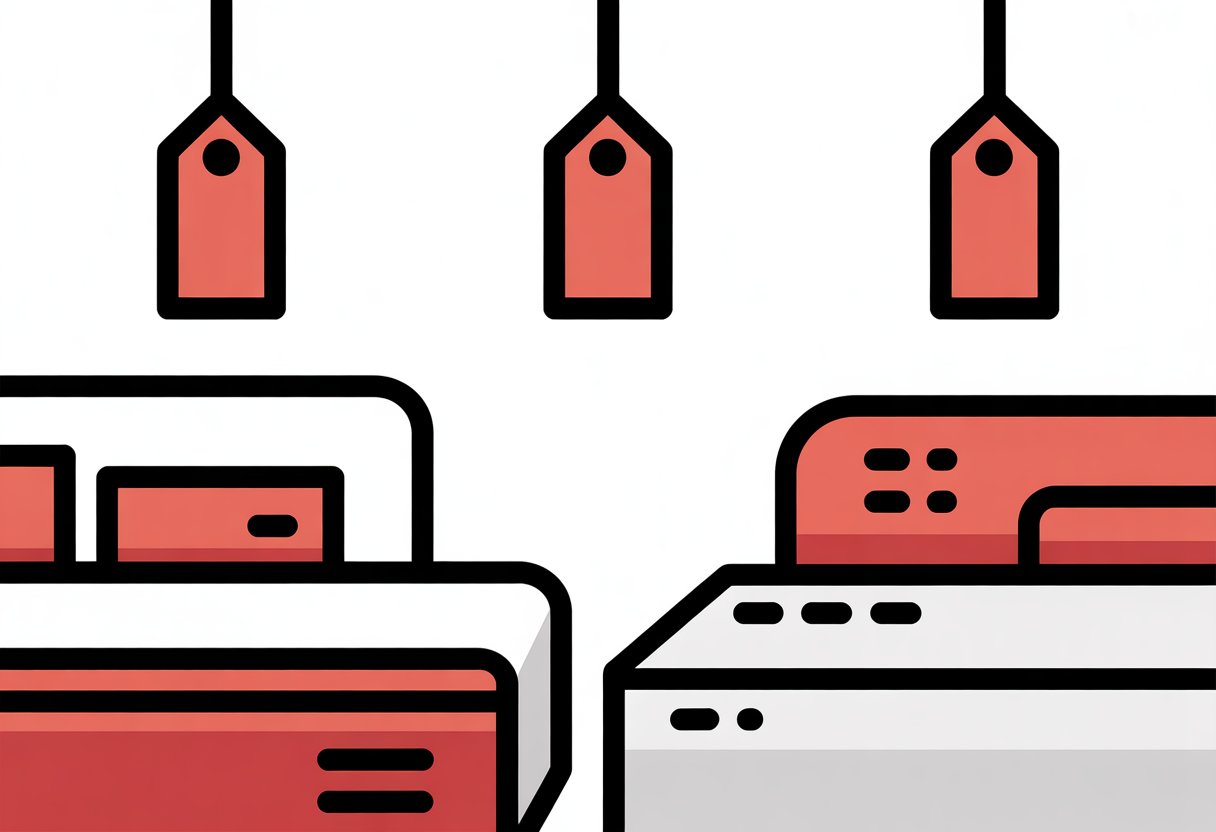 A simple illustration showing three mattresses side by side with price tags above each, representing comparing prices between different retailers.