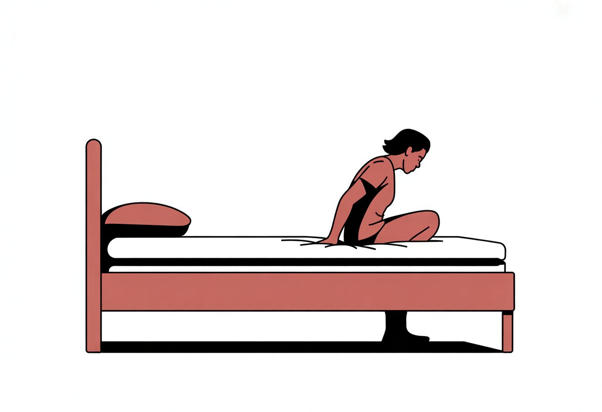 A person sitting on the edge of a mattress in a store, pressing down on it to test its comfort.