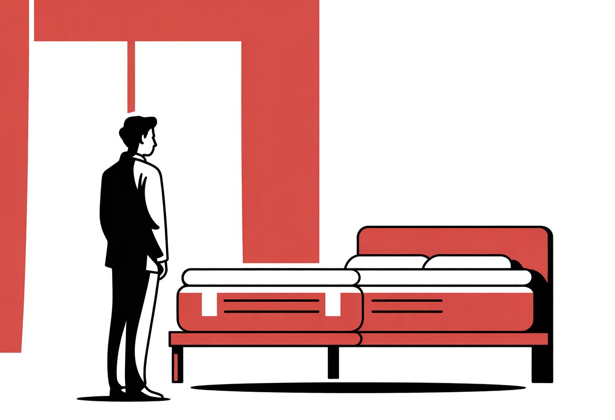 A person standing in a bedroom showroom looking at a mattress on a bed frame.