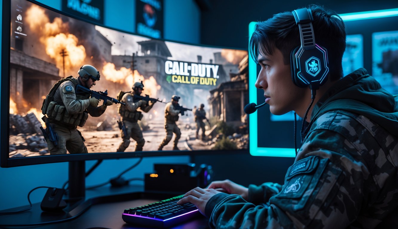 Seorang pemain game Call of Duty sedang fokus bermain di depan layar komputer dengan adegan pertempuran militer yang intens.