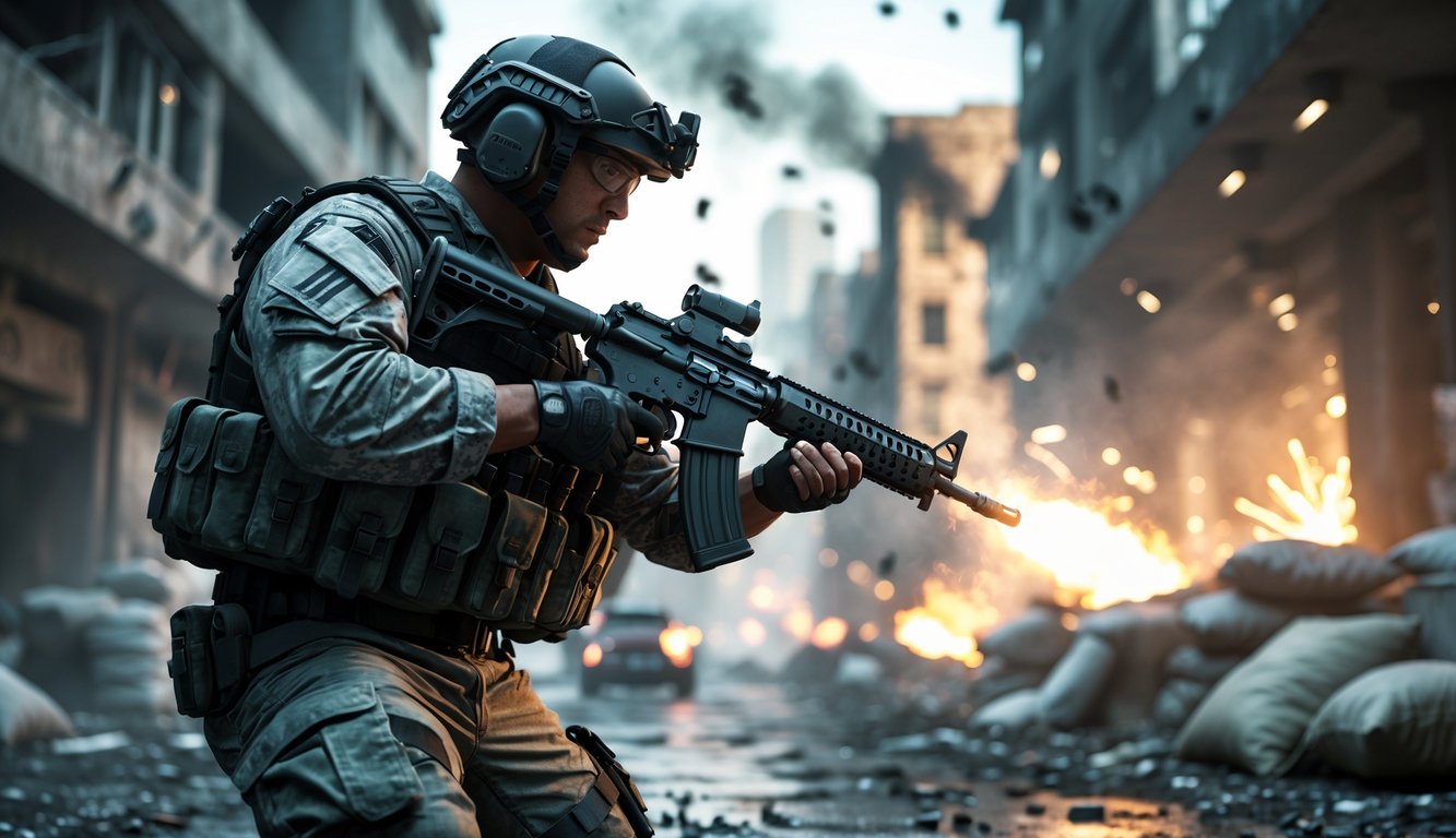 Seorang tentara modern sedang beraksi di lingkungan perkotaan yang hancur dengan senjata dan asap di sekitarnya.