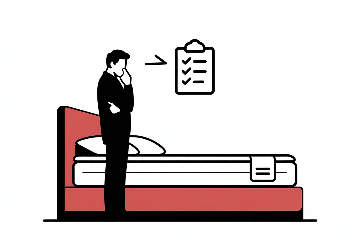 A person stands beside a mattress on a bed in a simple bedroom, with a checklist icon floating nearby.