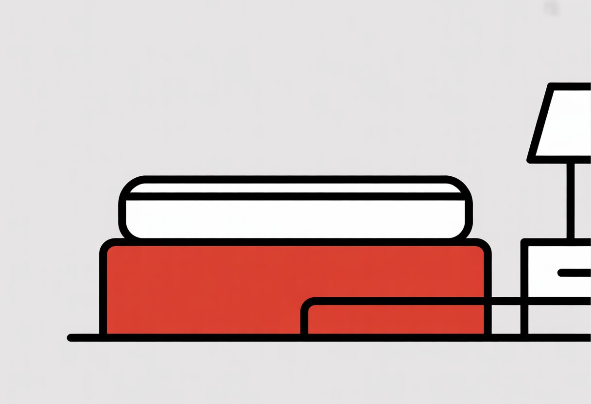 A simple illustration of a mattress resting on a foundation and bed frame in a bedroom.