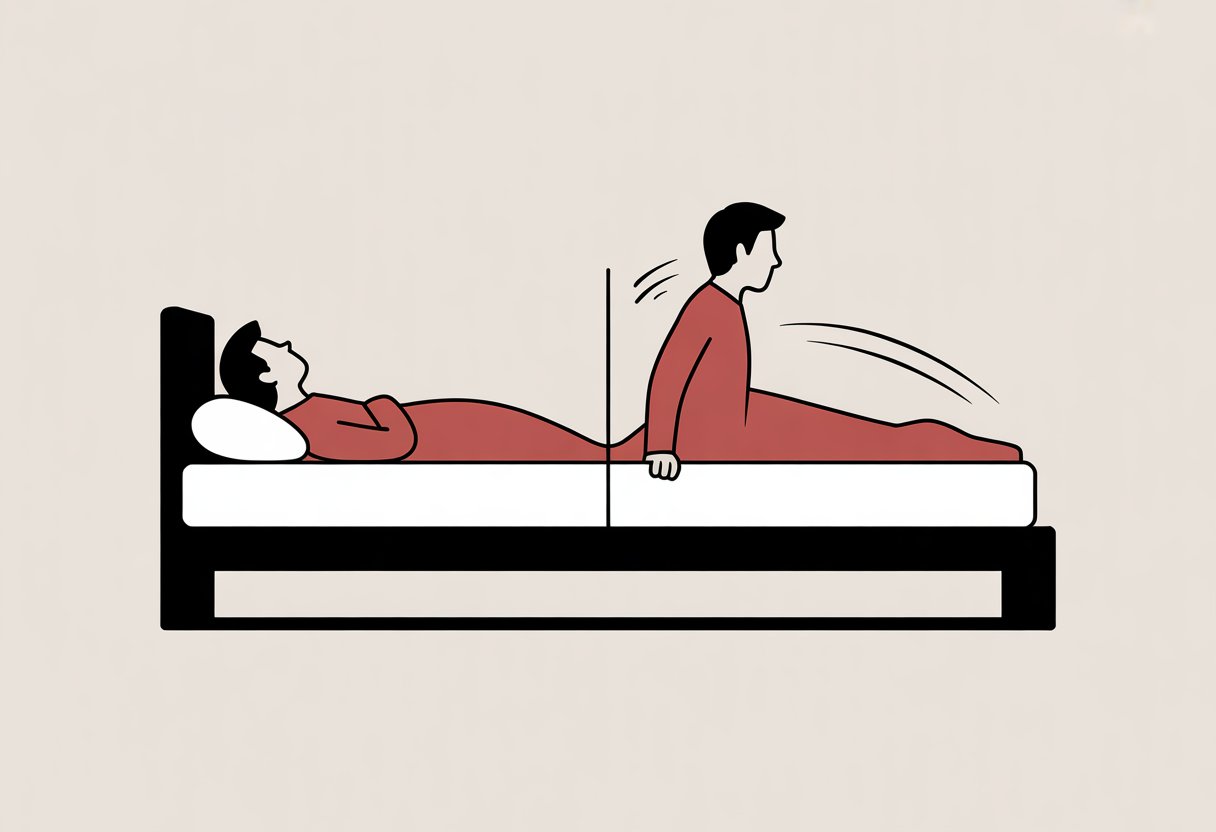A simple bedroom scene showing a bed with a mattress divided into two halves. One person is resting on one side while the other side shows movement, highlighting the mattress's motion separation.