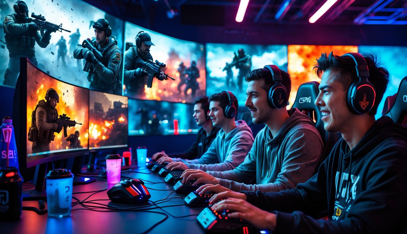 Sekelompok orang muda sedang bermain game perang online bersama di sebuah ruangan gaming modern.