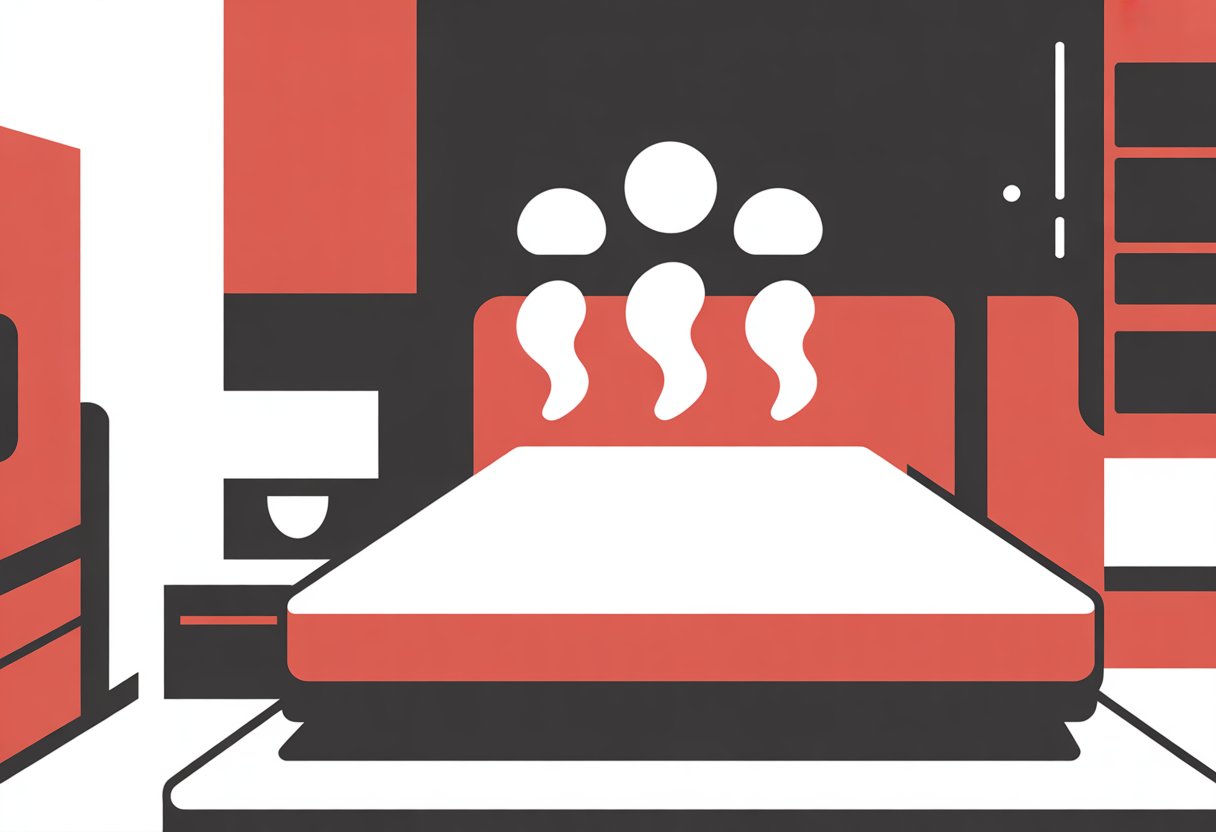 A simple bedroom scene showing a bed with a mattress and stylized icons representing coolness above it.